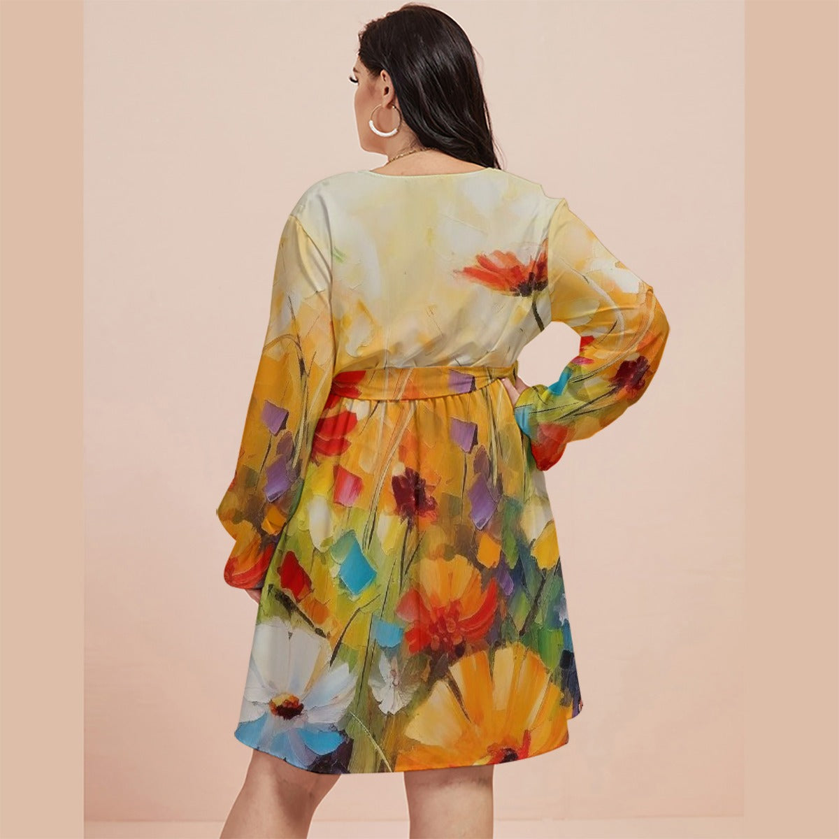 All-Over Print Women's V-neck Dress With Waistband(Plus Size)