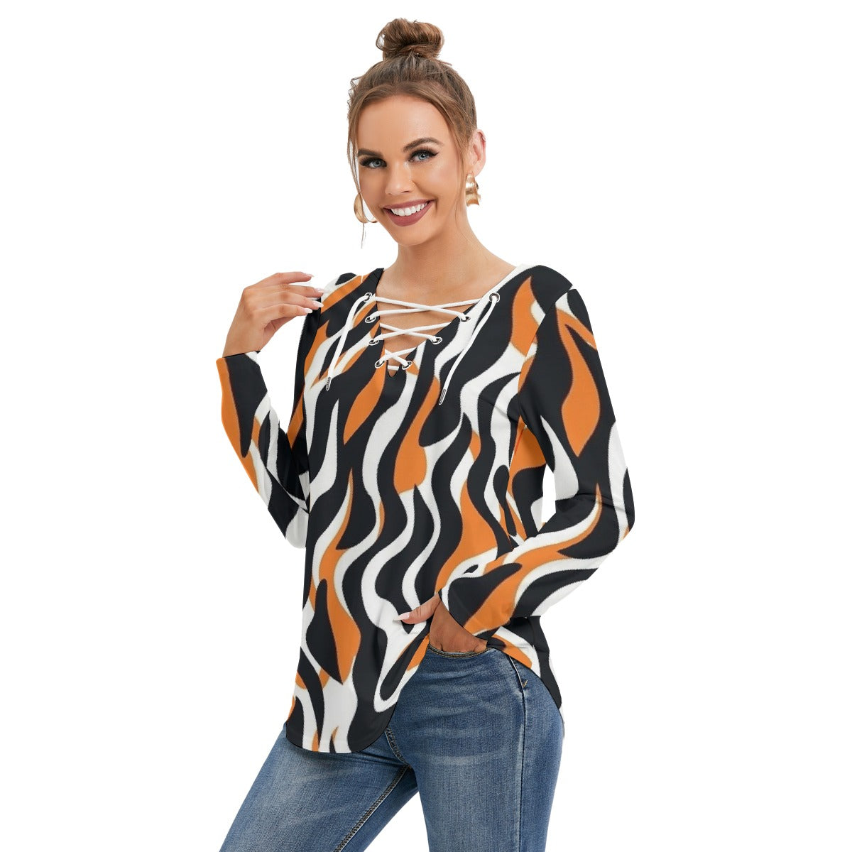 All-Over Print Women's Long Sleeve Neckline Tie Sweatshirt