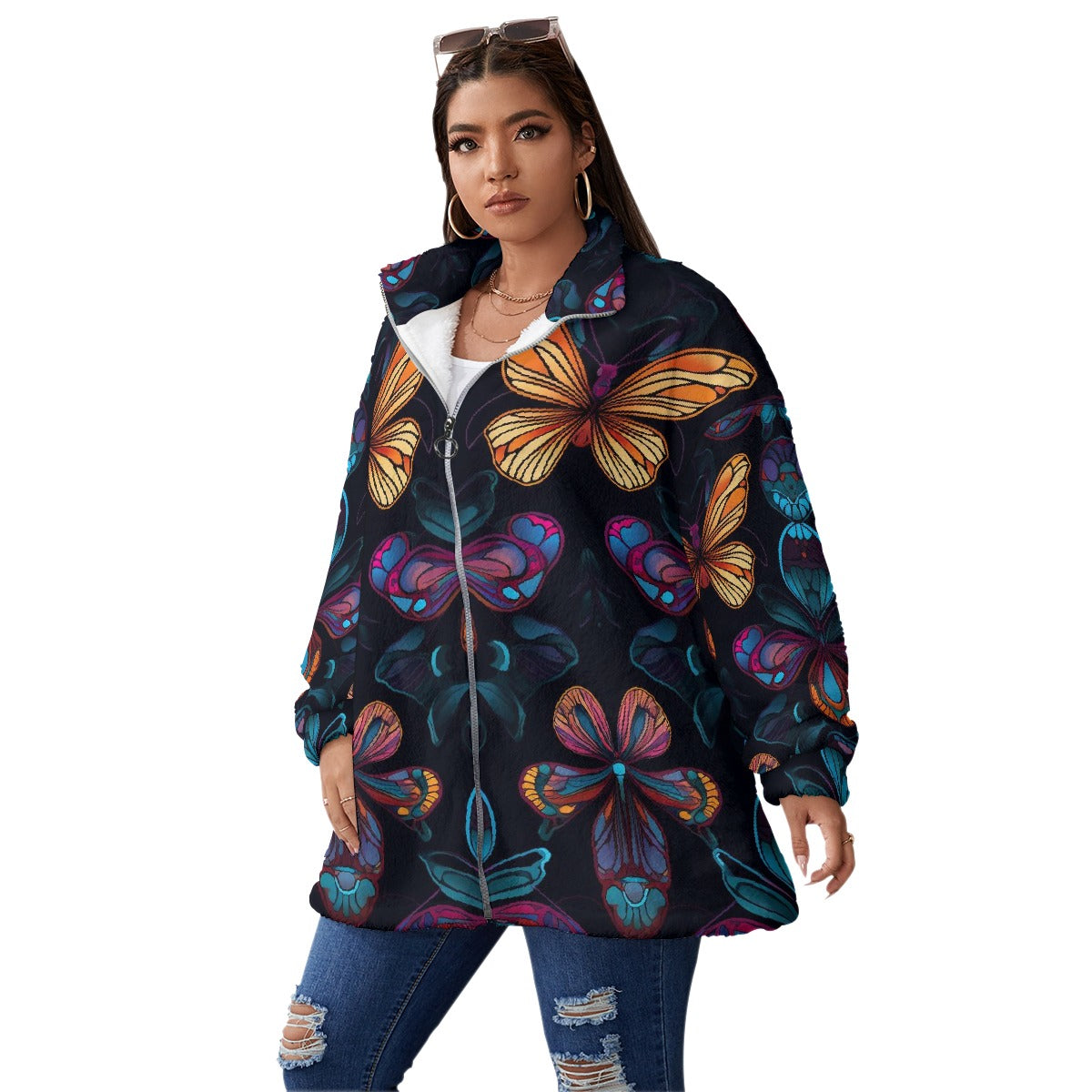 All-Over Print Unisex Borg Fleece Stand-up Collar Coat With Zipper Closure(Plus Size)