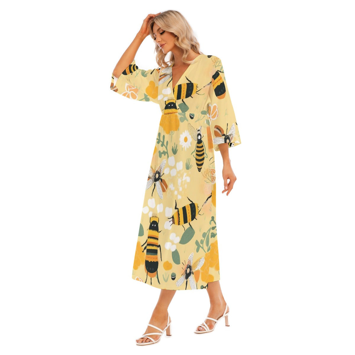 All-Over Print Women's Mid-Sleeve Long Dress