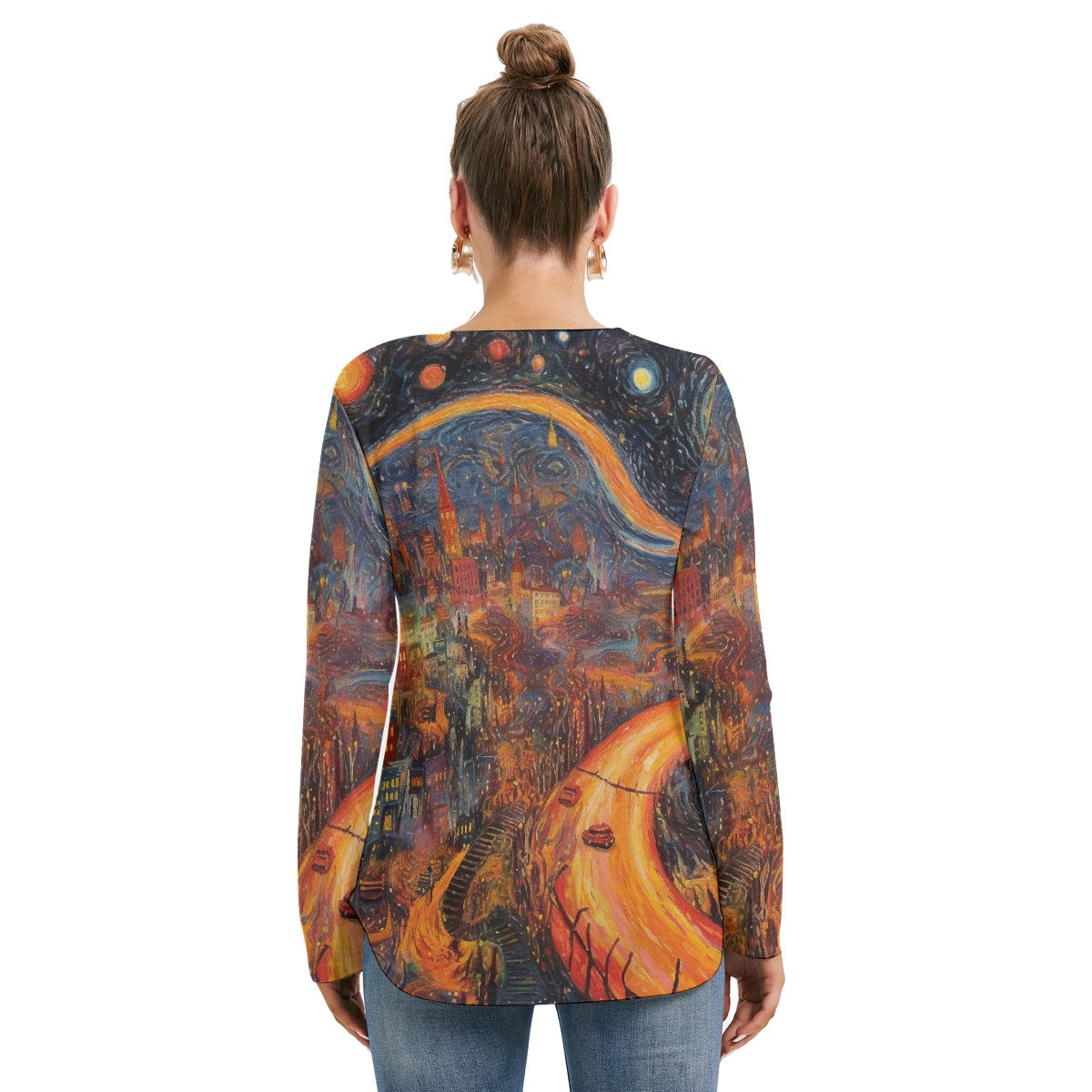 All-Over Print Women's Long Sleeve Neckline Tie Sweatshirt