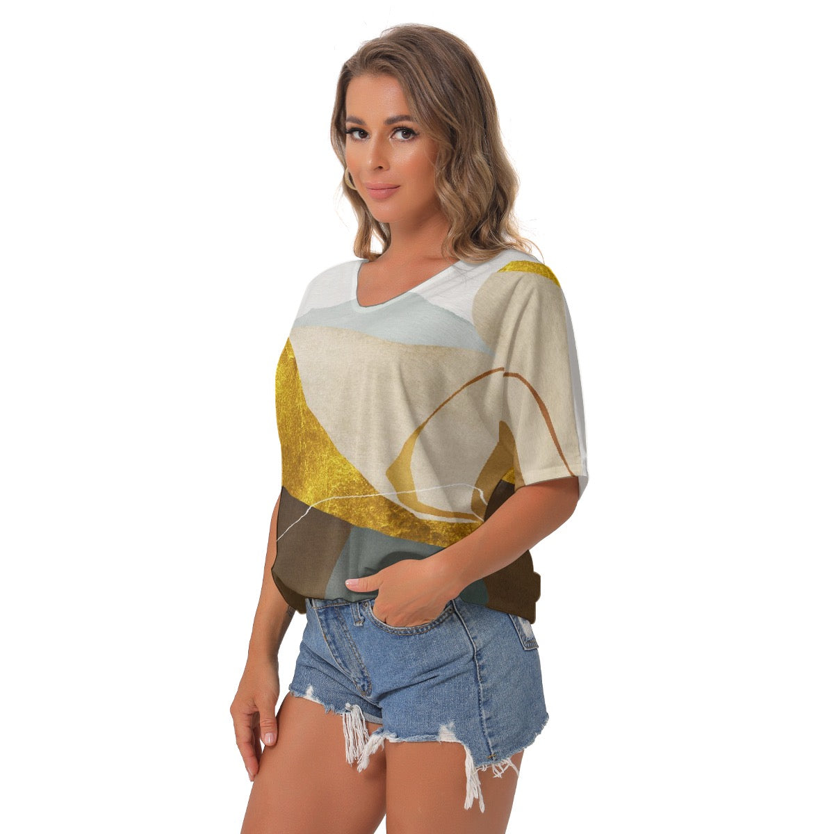 All-Over Print Women's Bat Sleeves V-Neck Blouse