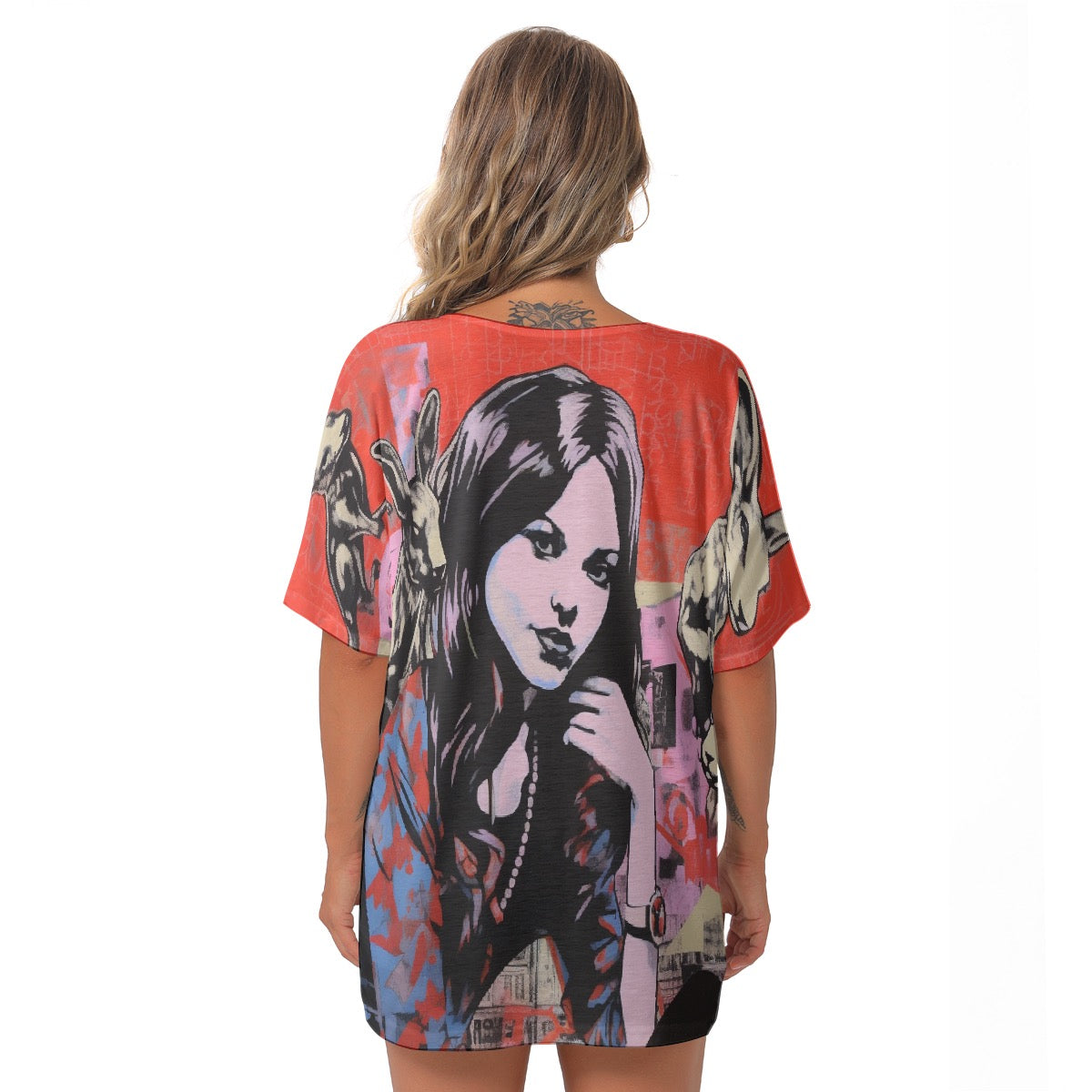 All-Over Print Women's Bat Sleeves V-Neck Blouse