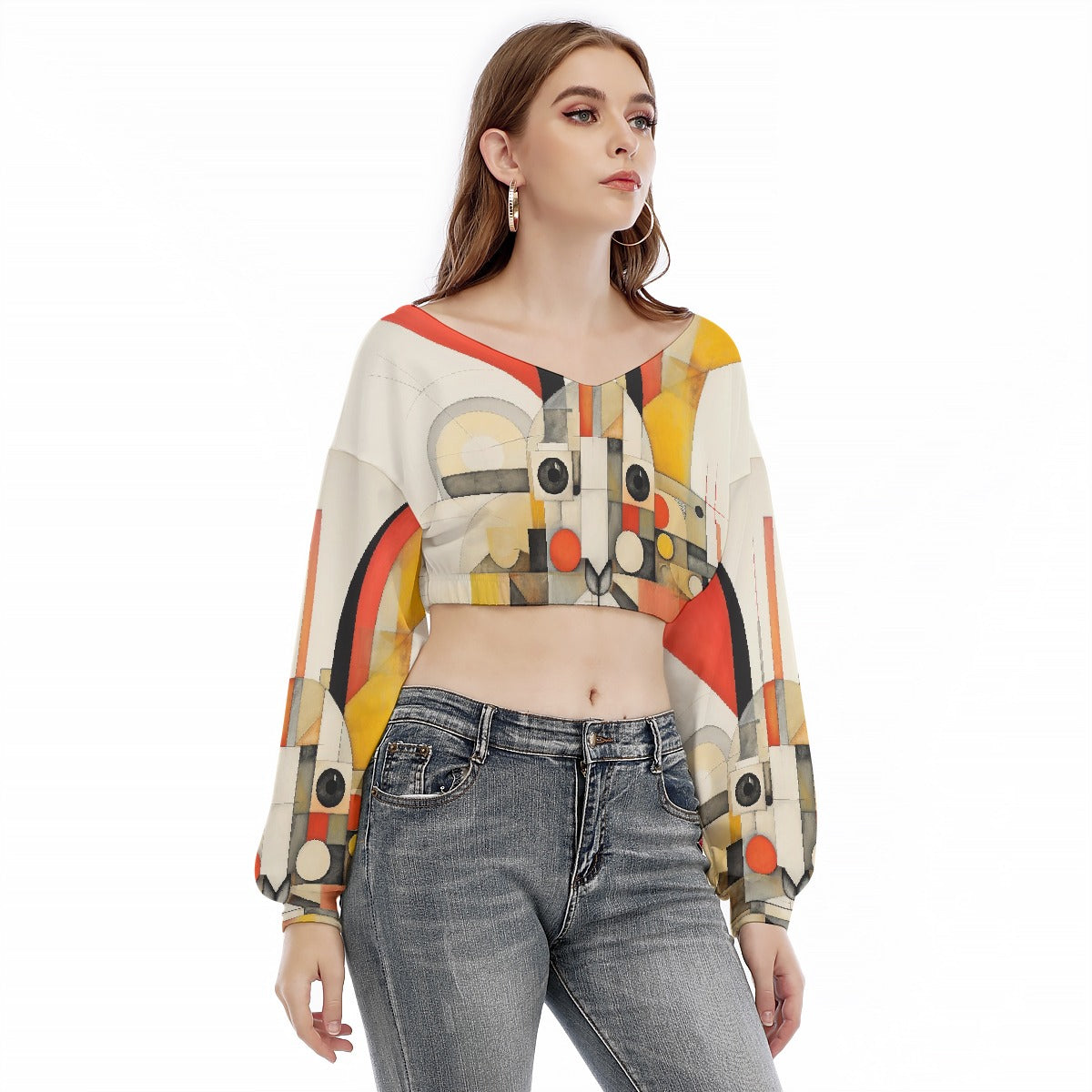 All-Over Print Women's V-neck Long Sleeve Cropped Sweatshirt