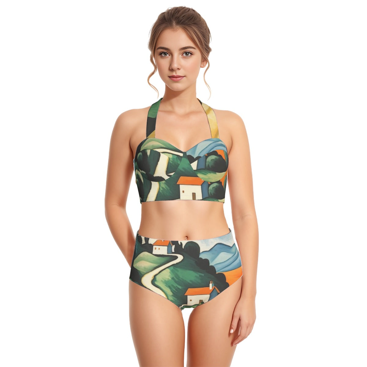 All-Over Print Women's Swimsuit Set With Halter