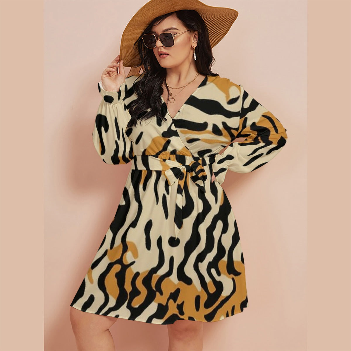 All-Over Print Women's V-neck Dress With Waistband(Plus Size)