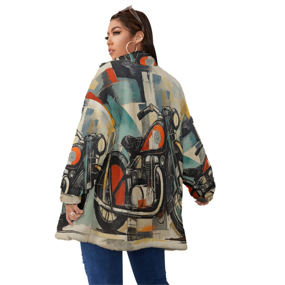 All-Over Print Unisex Borg Fleece Stand-up Collar Coat With Zipper Closure(Plus Size)