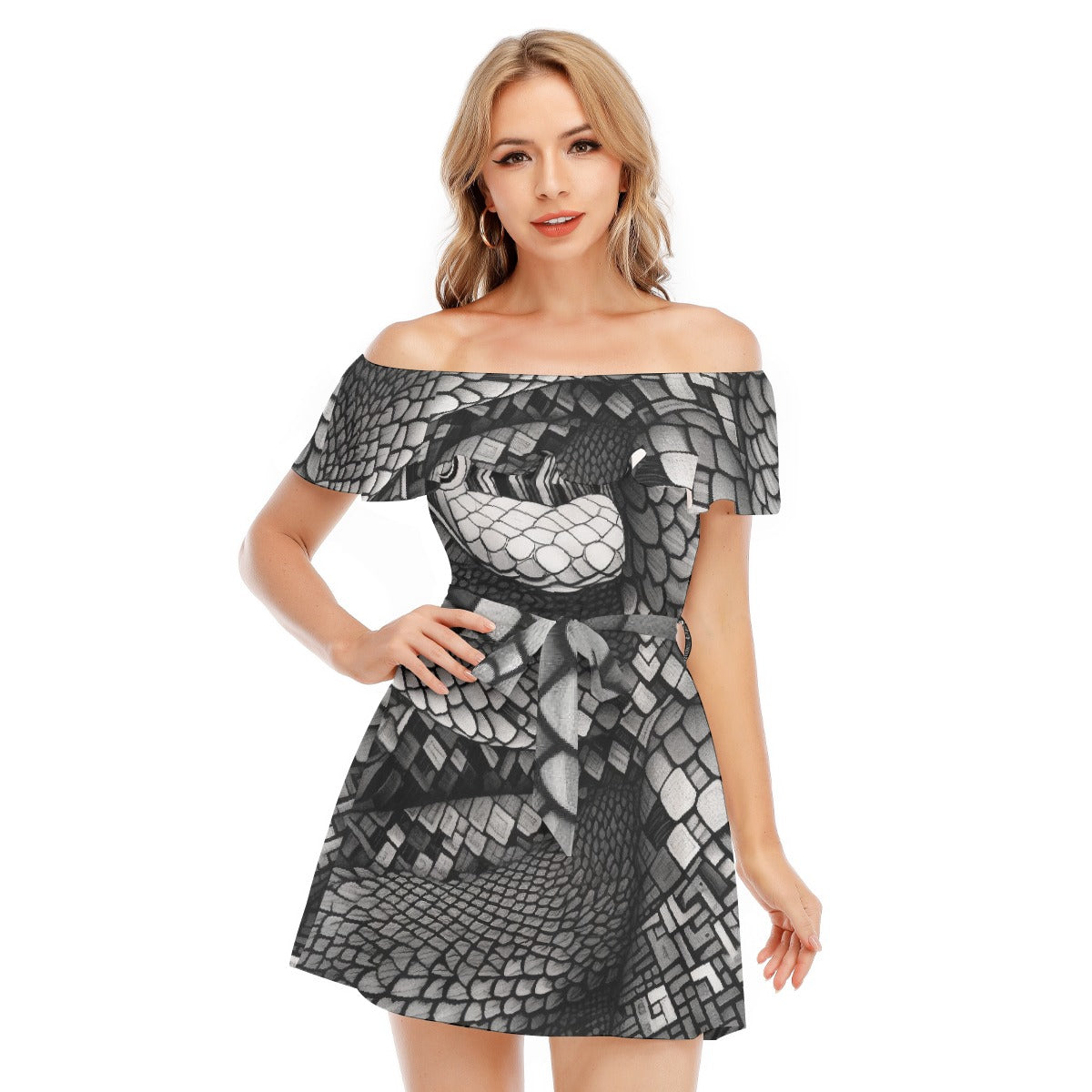 All-Over Print Women's Off-shoulder Dress With Ruffle
