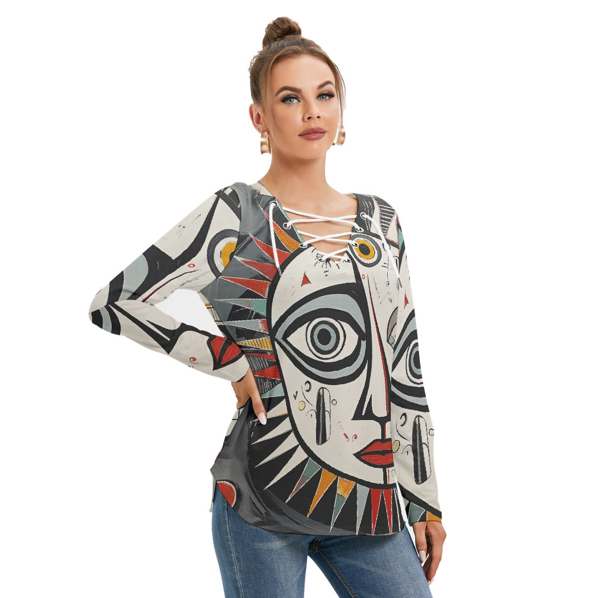 All-Over Print Women's Long Sleeve Neckline Tie Sweatshirt