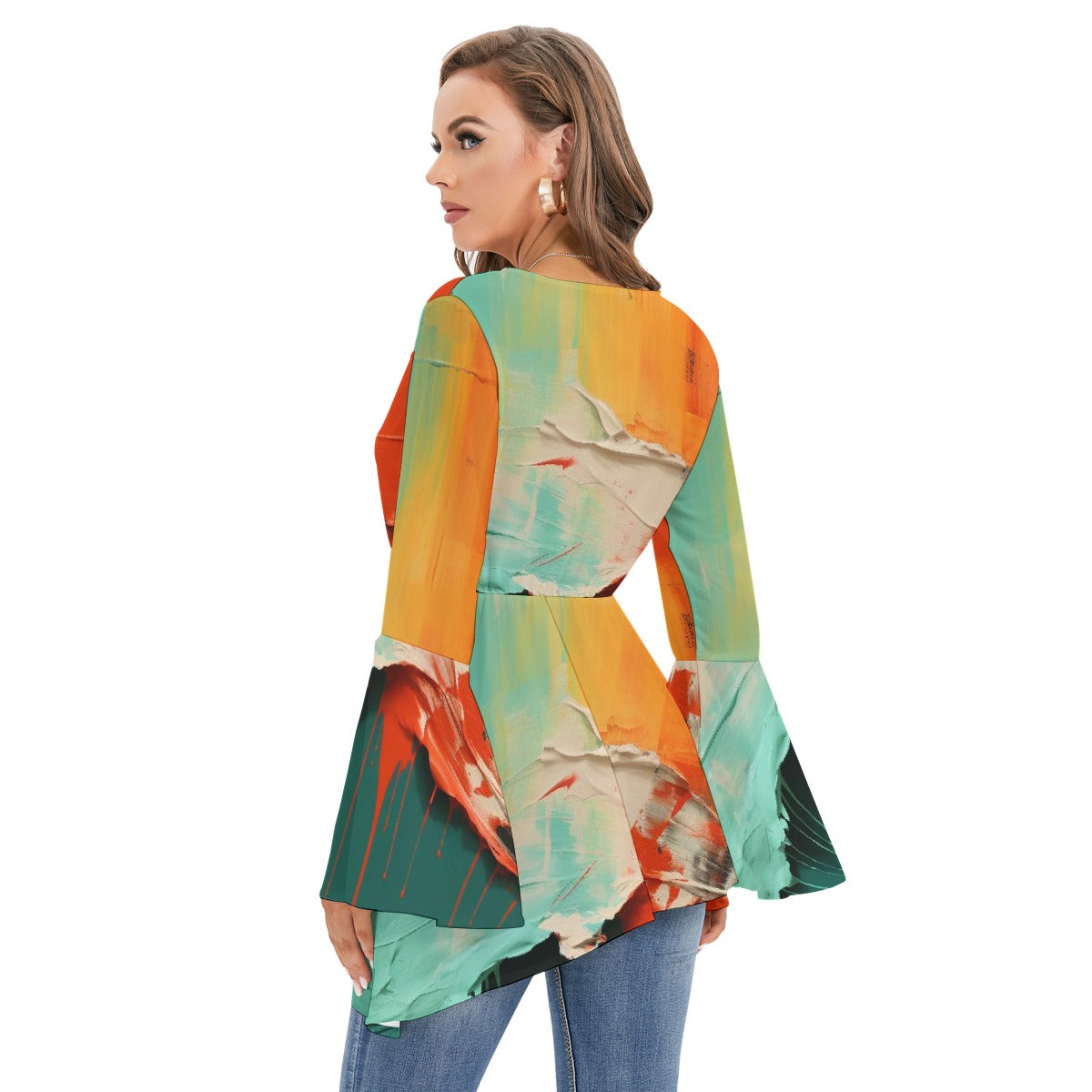 All-Over Print Women's V-neck Blouse With Flared Sleeves