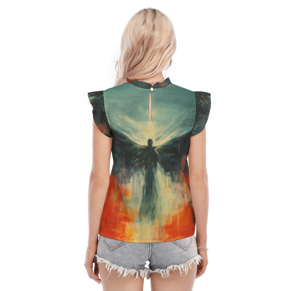 All-Over Print Women's Blouse With Ruffle Collar And Sleeve