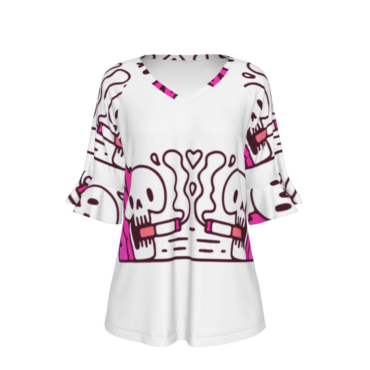 All-Over Print V-neck Women's T-shirt With Bell Sleeve