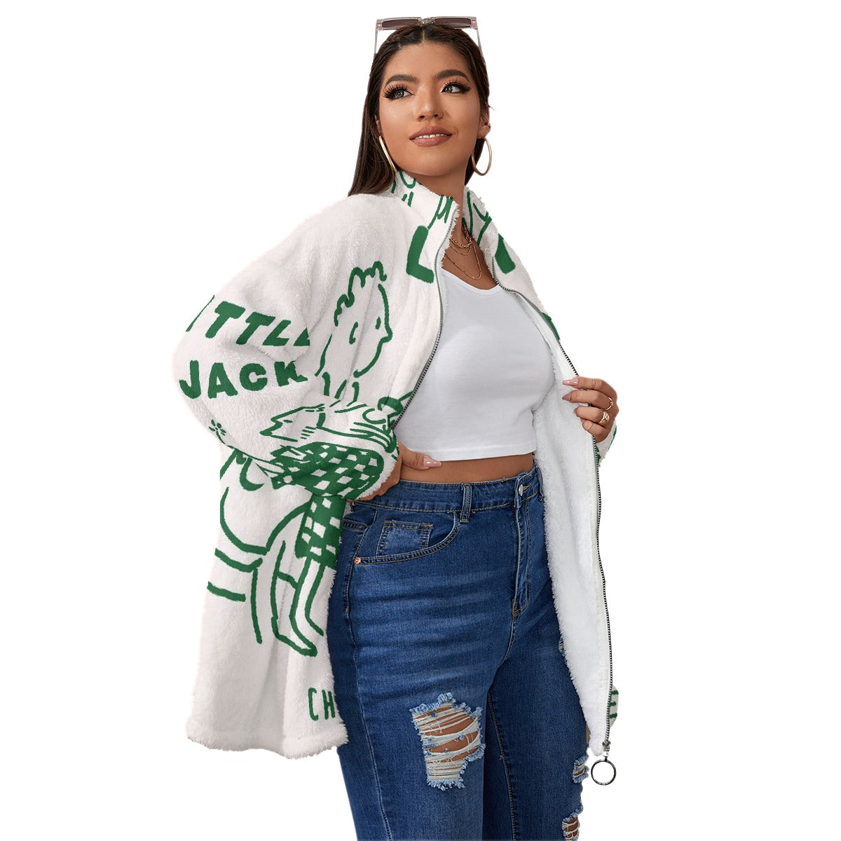 All-Over Print Unisex Borg Fleece Stand-up Collar Coat With Zipper Closure(Plus Size)