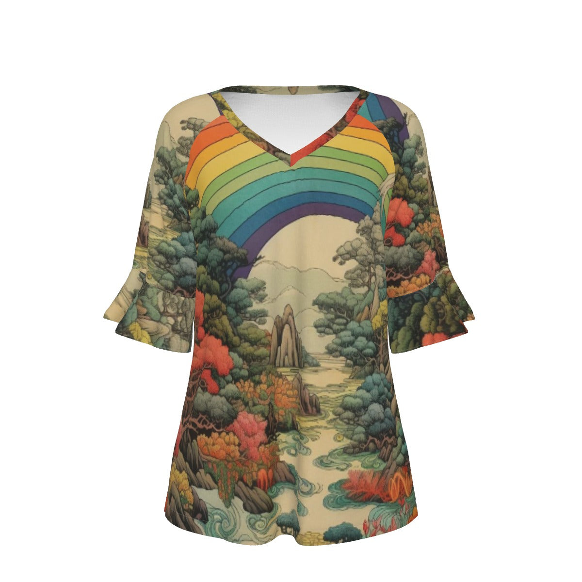 All-Over Print V-neck Women's T-shirt With Bell Sleeve