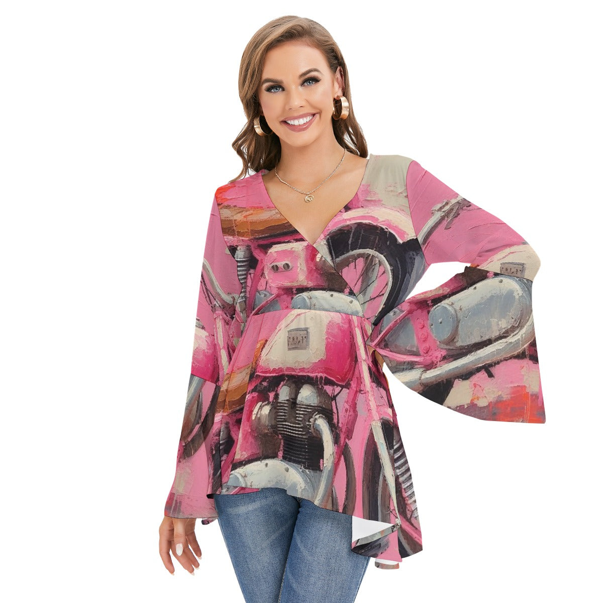 All-Over Print Women's V-neck Blouse With Flared Sleeves