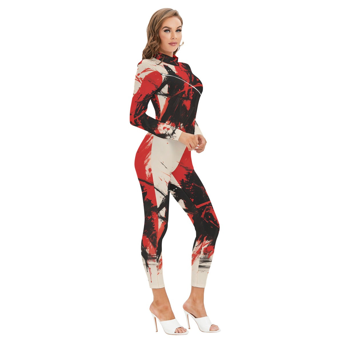 All-Over Print Women's Long-sleeved High-neck Jumpsuit With Zipper
