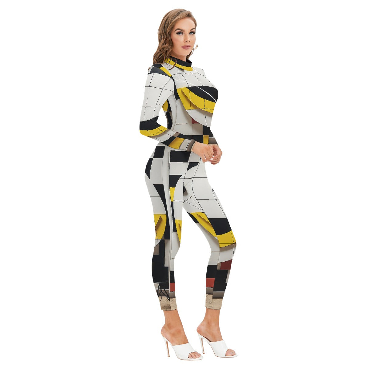 All-Over Print Women's Long-sleeved High-neck Jumpsuit With Zipper