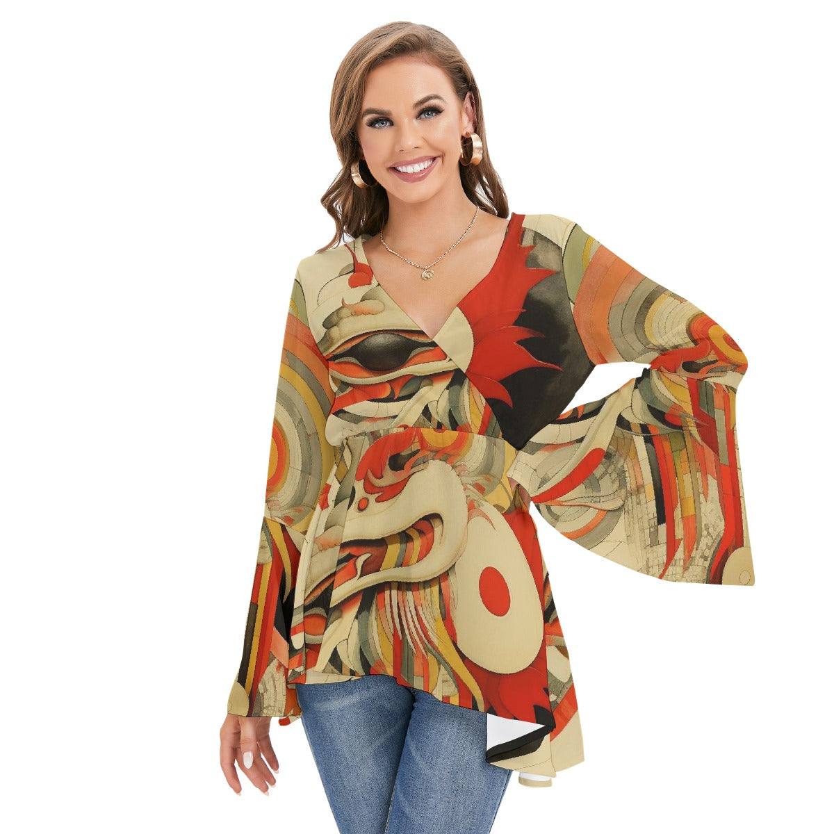 All-Over Print Women's V-neck Blouse With Flared Sleeves