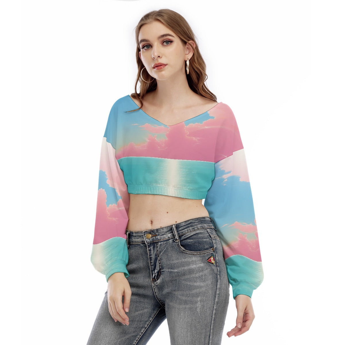 All-Over Print Women's V-neck Long Sleeve Cropped Sweatshirt