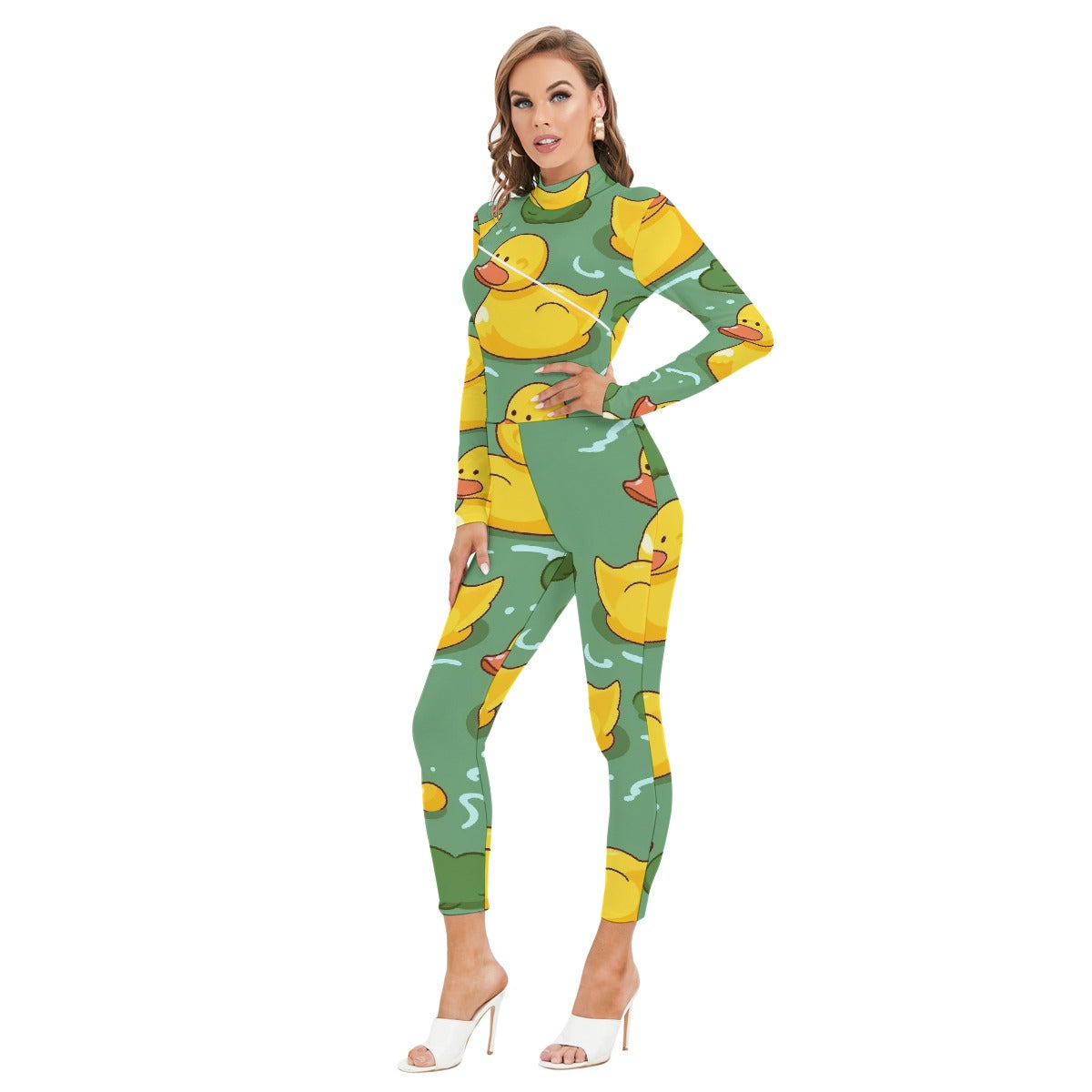 All-Over Print Women's Long-sleeved High-neck Jumpsuit With Zipper