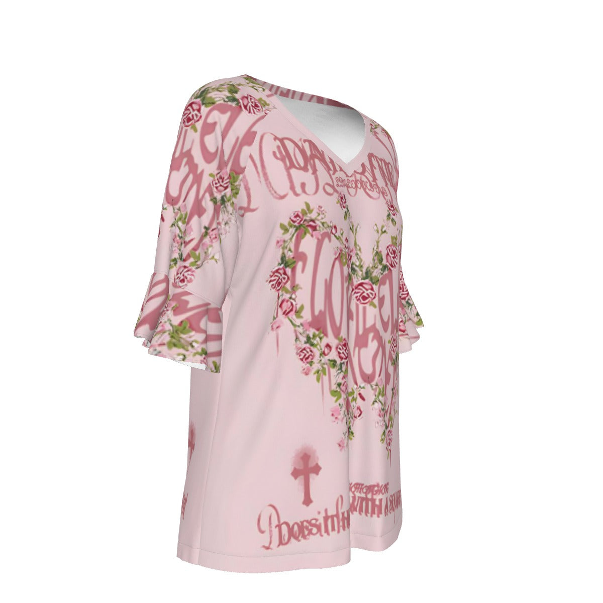 All-Over Print V-neck Women's T-shirt With Bell Sleeve