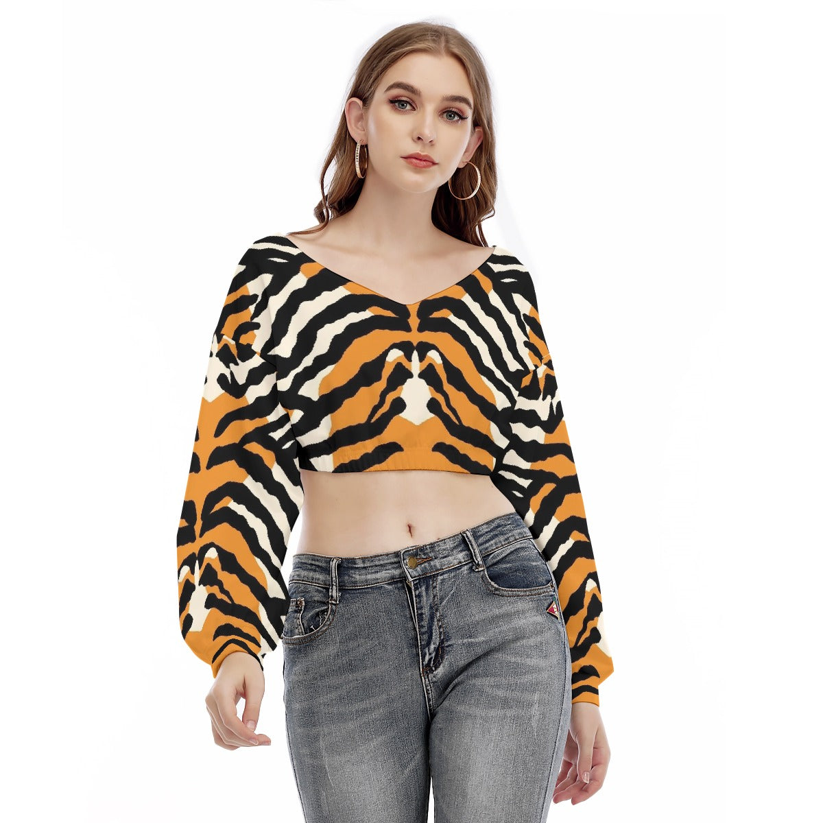 All-Over Print Women's V-neck Long Sleeve Cropped Sweatshirt