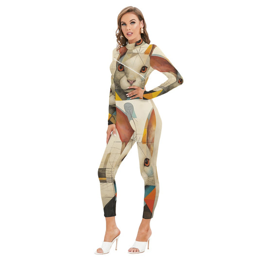 All-Over Print Women's Long-sleeved High-neck Jumpsuit With Zipper