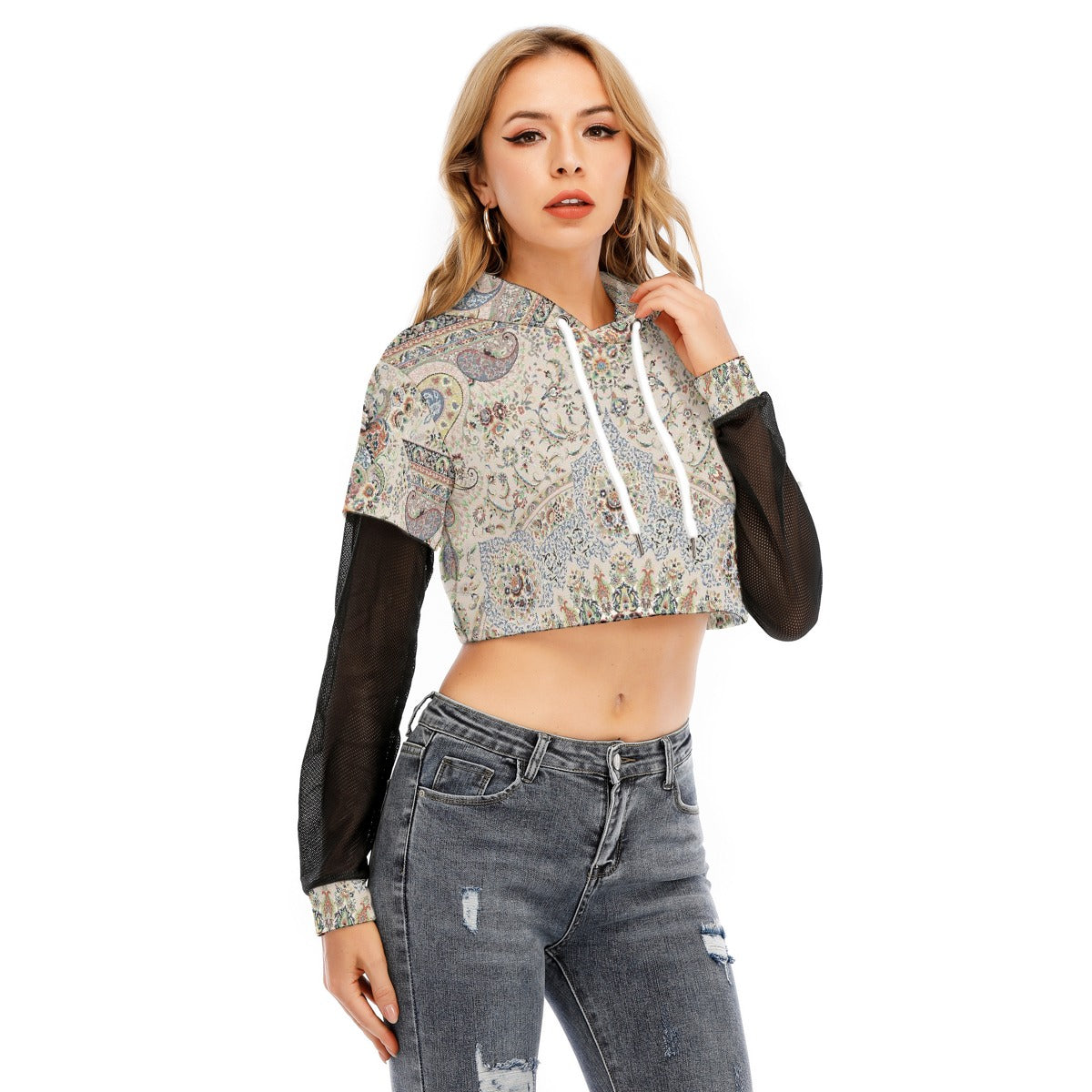 All-Over Print Women's Fake Two-piece Mesh Sleeve Cropped Hoodie