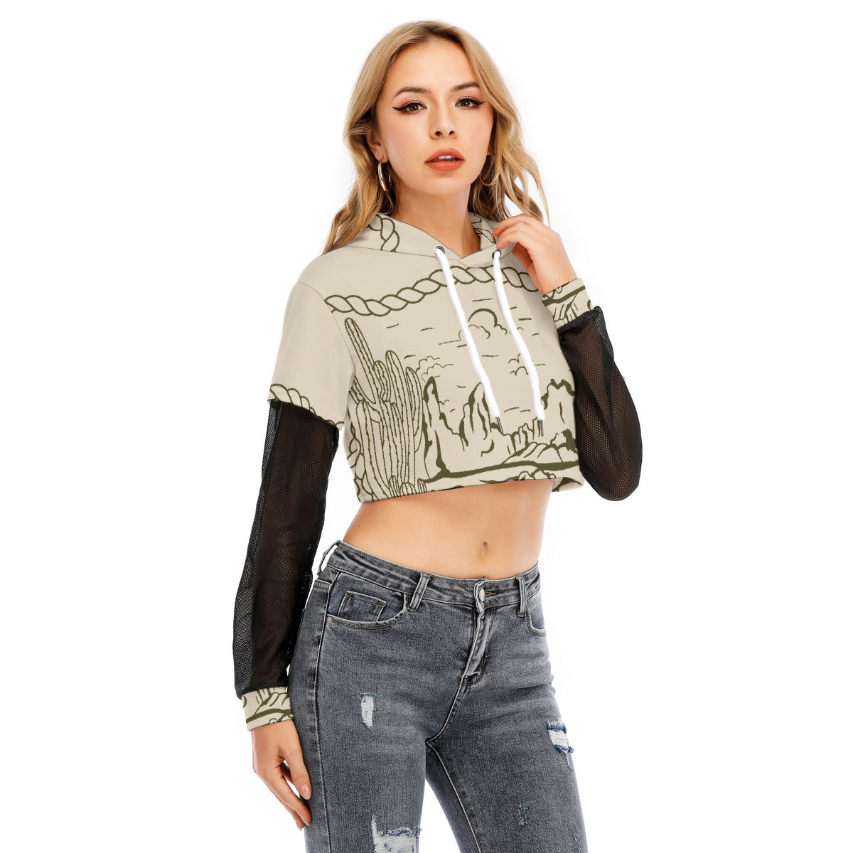 All-Over Print Women's Fake Two-piece Mesh Sleeve Cropped Hoodie