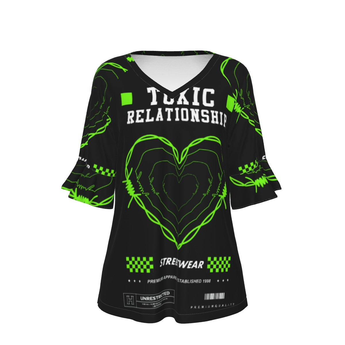 All-Over Print V-neck Women's T-shirt With Bell Sleeve