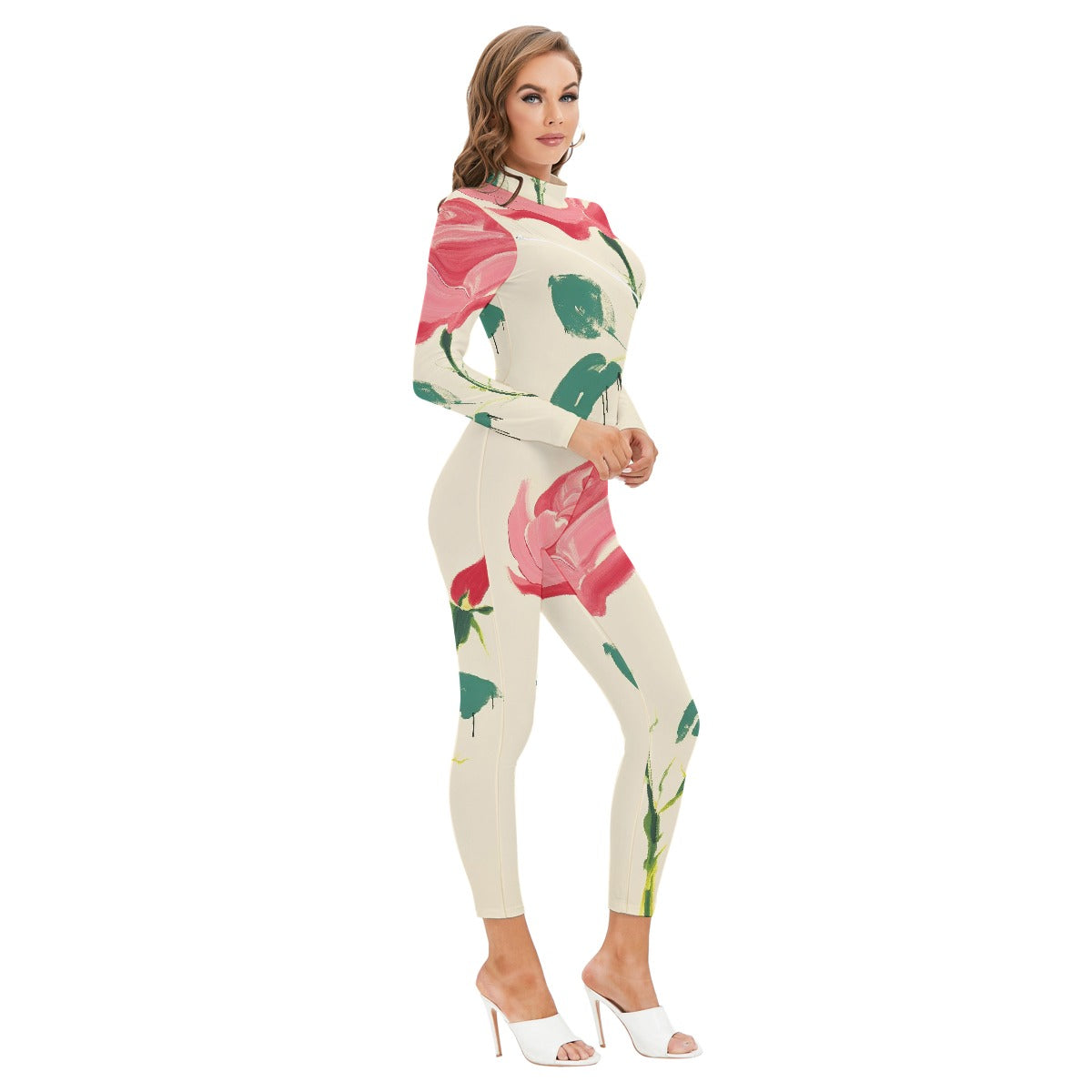 All-Over Print Women's Long-sleeved High-neck Jumpsuit With Zipper