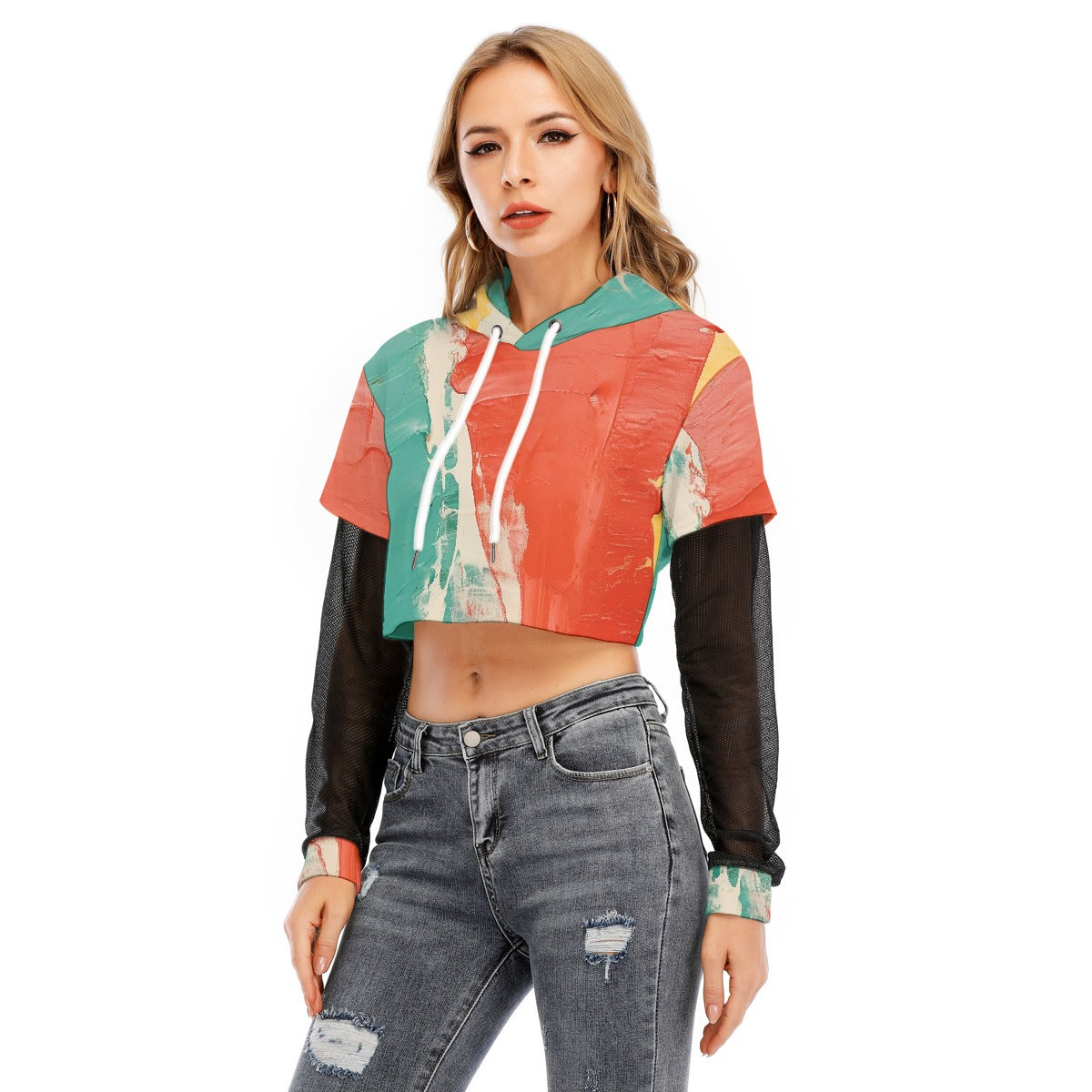 All-Over Print Women's Fake Two-piece Mesh Sleeve Cropped Hoodie