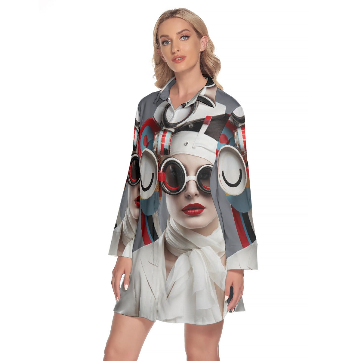 All-Over Print Women's Lapel Shirt Dress With Long Sleeve