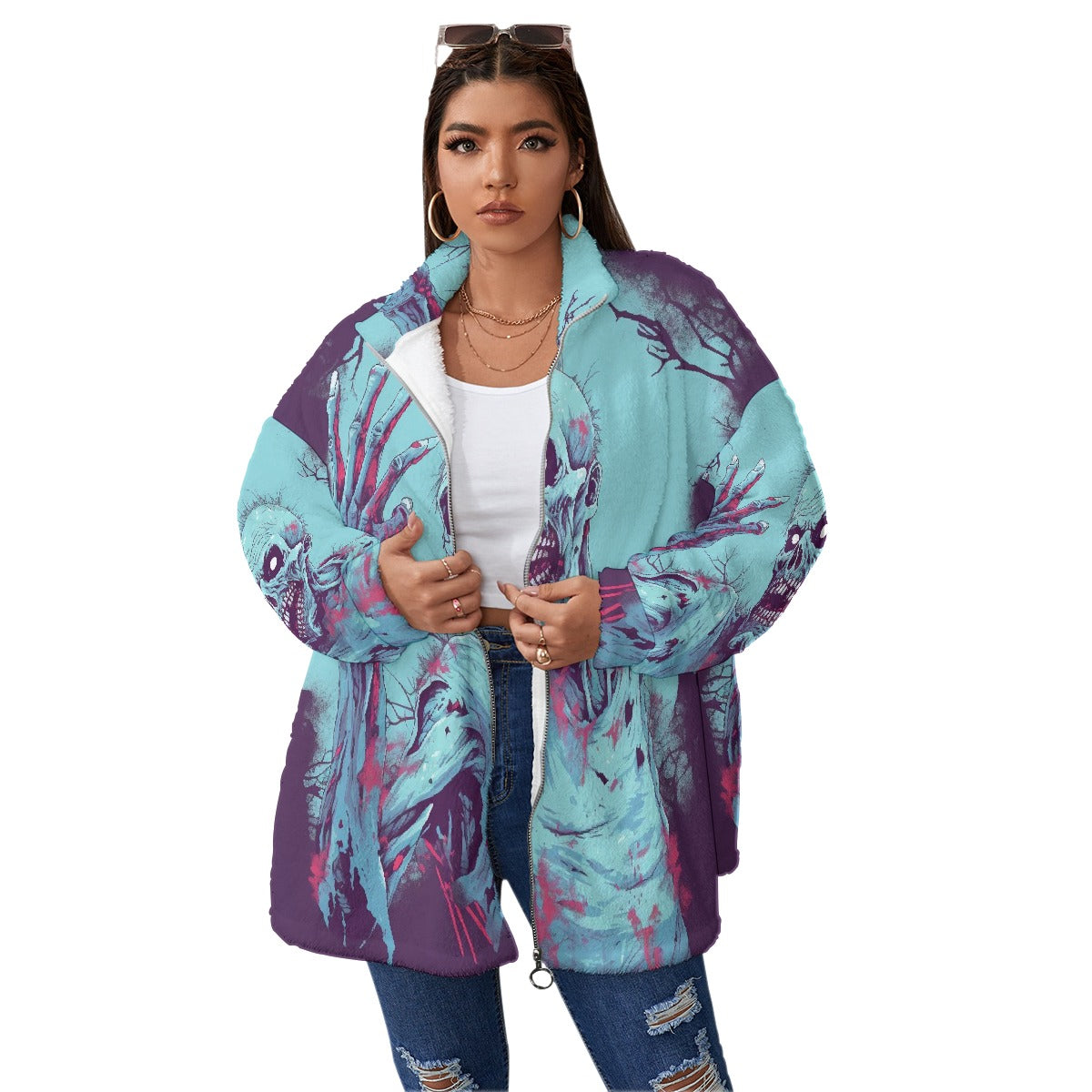 All-Over Print Unisex Borg Fleece Stand-up Collar Coat With Zipper Closure(Plus Size)