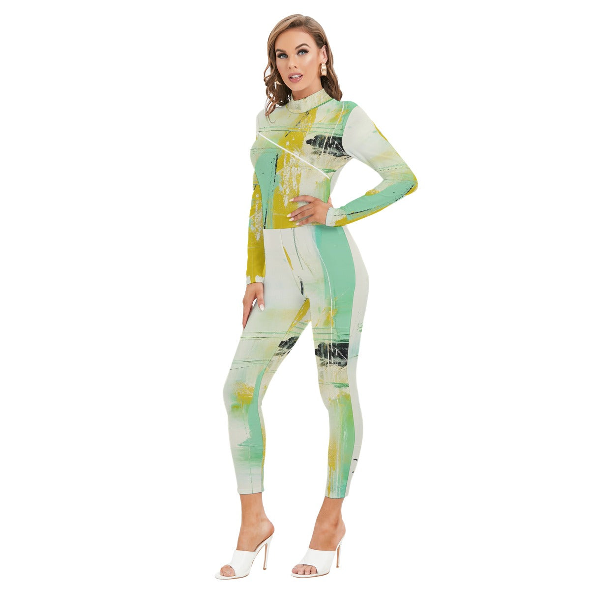 All-Over Print Women's Long-sleeved High-neck Jumpsuit With Zipper