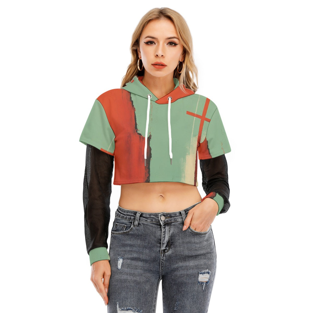 All-Over Print Women's Fake Two-piece Mesh Sleeve Cropped Hoodie