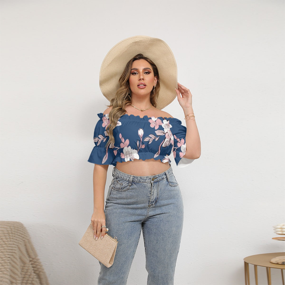 All-Over Print Women's Off-shoulder Cropped Top With Short Puff Sleeve