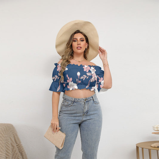 All-Over Print Women's Off-shoulder Cropped Top With Short Puff Sleeve