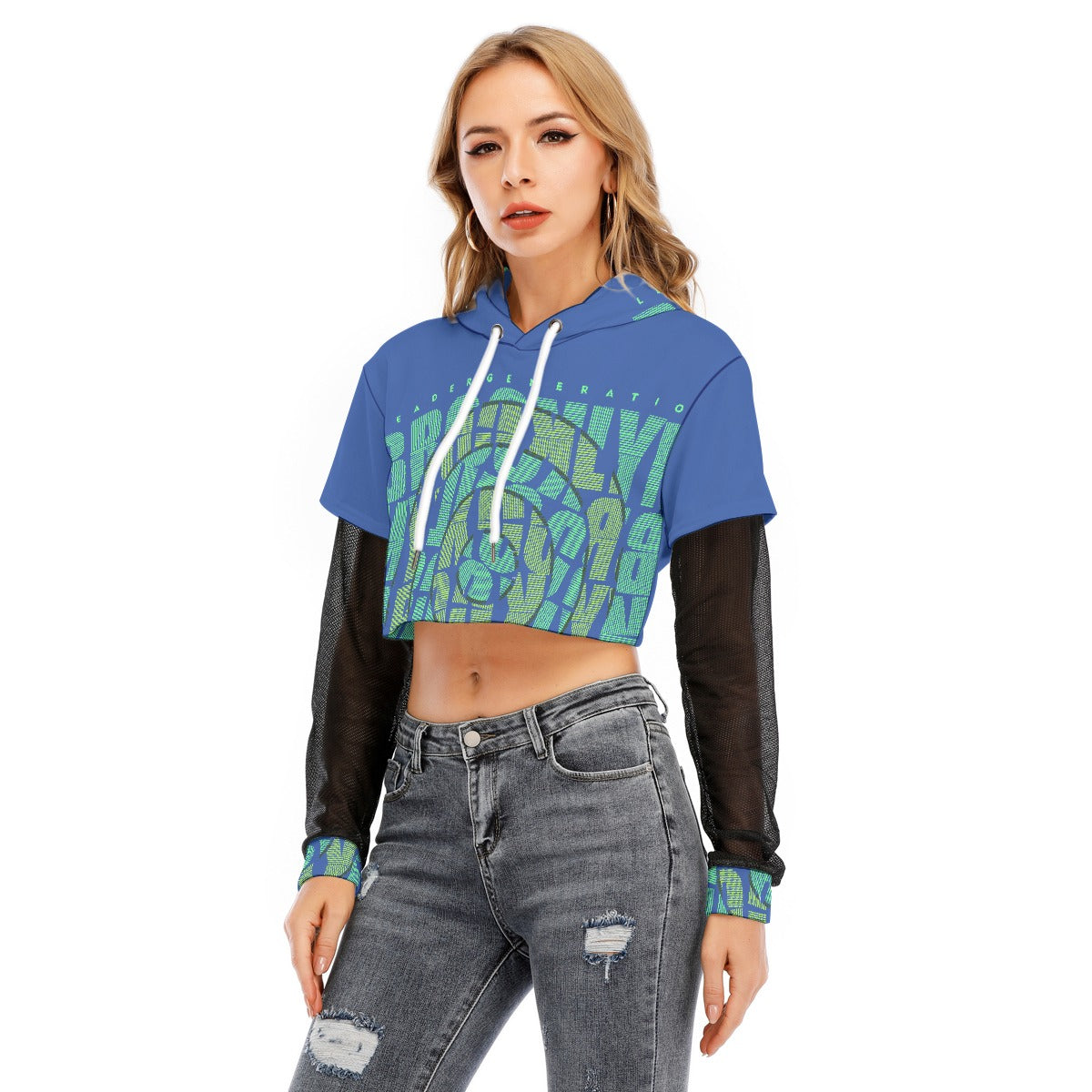 All-Over Print Women's Fake Two-piece Mesh Sleeve Cropped Hoodie