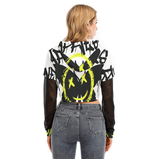 All-Over Print Women's Fake Two-piece Mesh Sleeve Cropped Hoodie