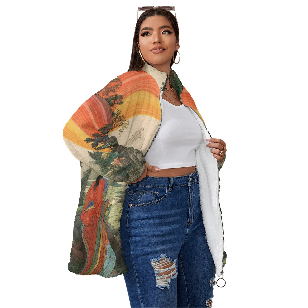 All-Over Print Unisex Borg Fleece Stand-up Collar Coat With Zipper Closure(Plus Size)