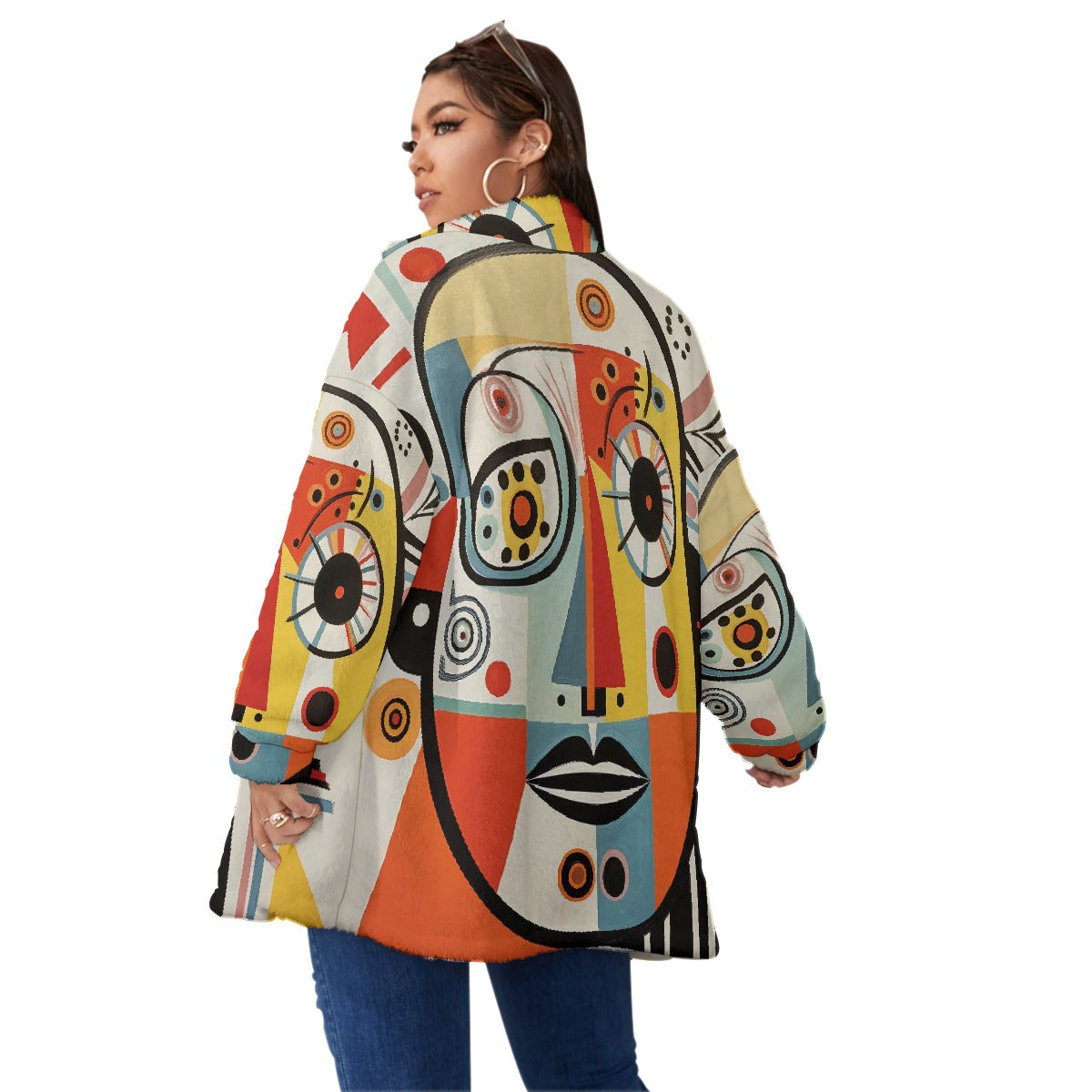 All-Over Print Unisex Borg Fleece Stand-up Collar Coat With Zipper Closure(Plus Size)