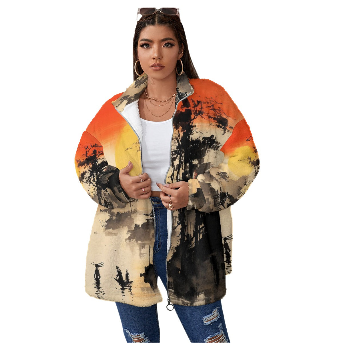 All-Over Print Unisex Borg Fleece Stand-up Collar Coat With Zipper Closure(Plus Size)