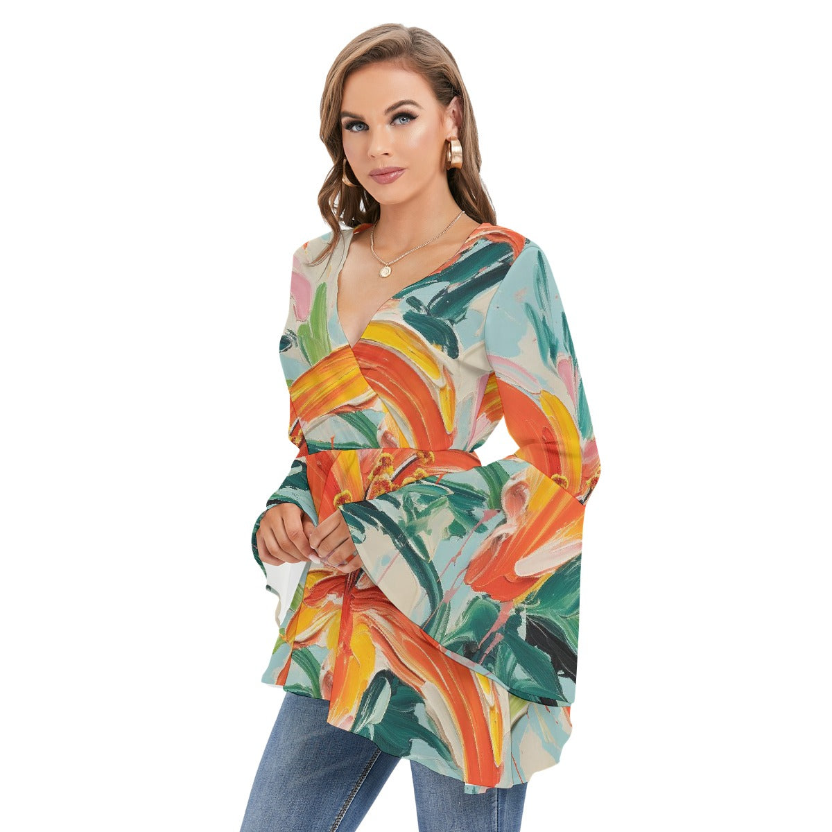 All-Over Print Women's V-neck Blouse With Flared Sleeves