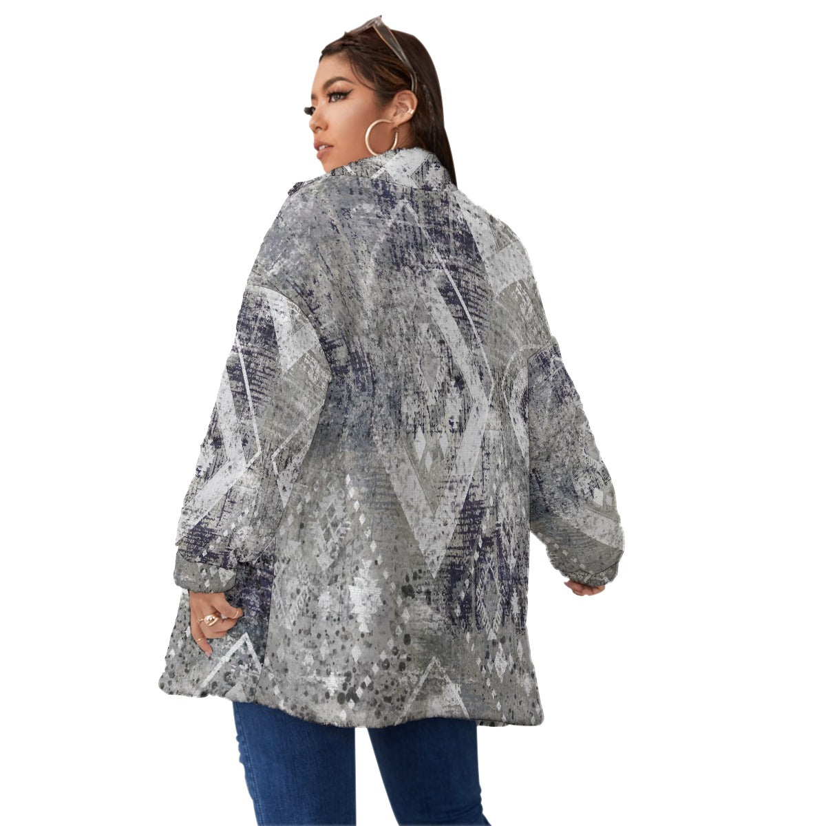 All-Over Print Unisex Borg Fleece Stand-up Collar Coat With Zipper Closure(Plus Size)