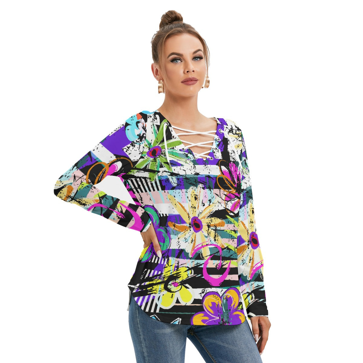 All-Over Print Women's Long Sleeve Neckline Tie Sweatshirt