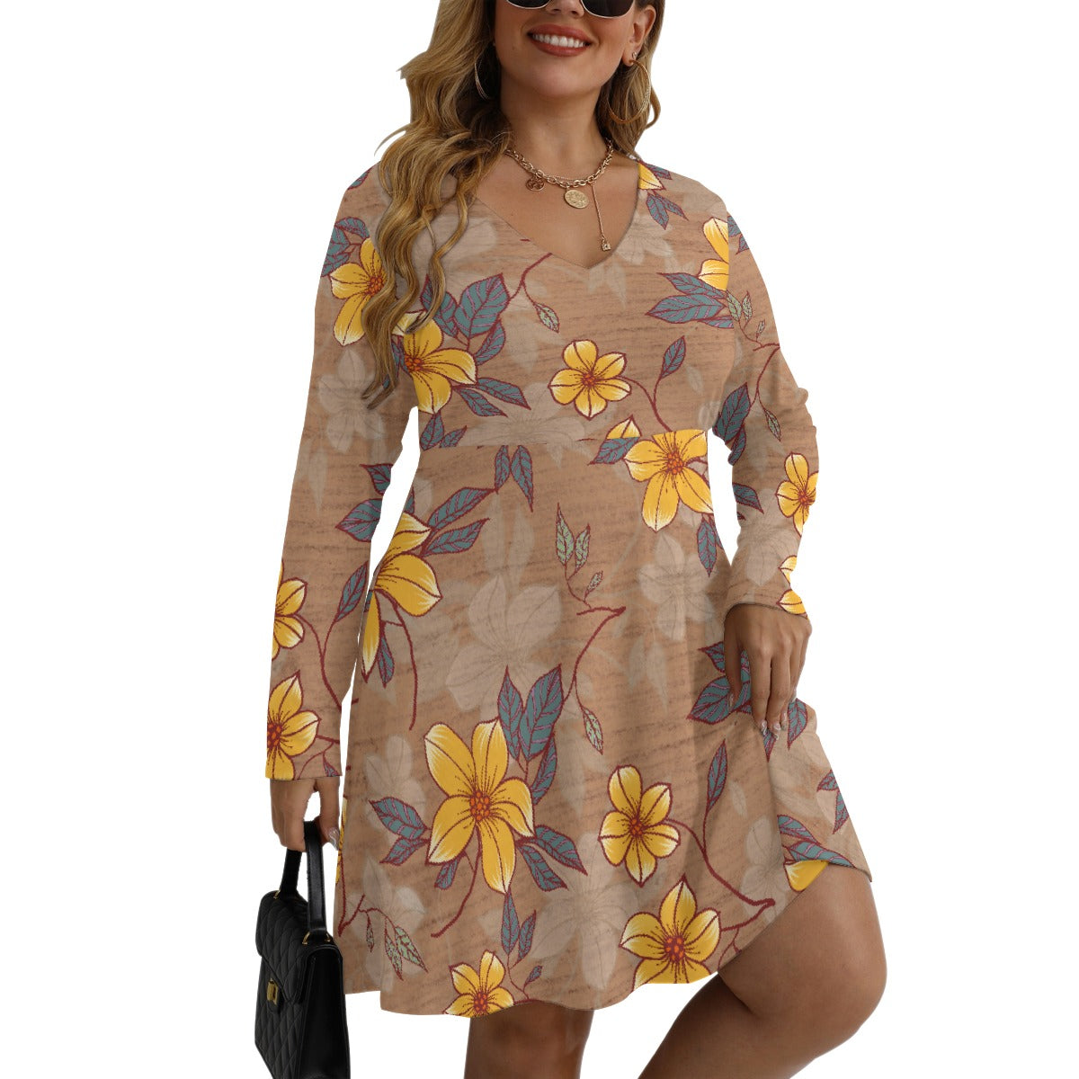 All-Over Print Women's V-neck Long Sleeve Dress(Plus Size)