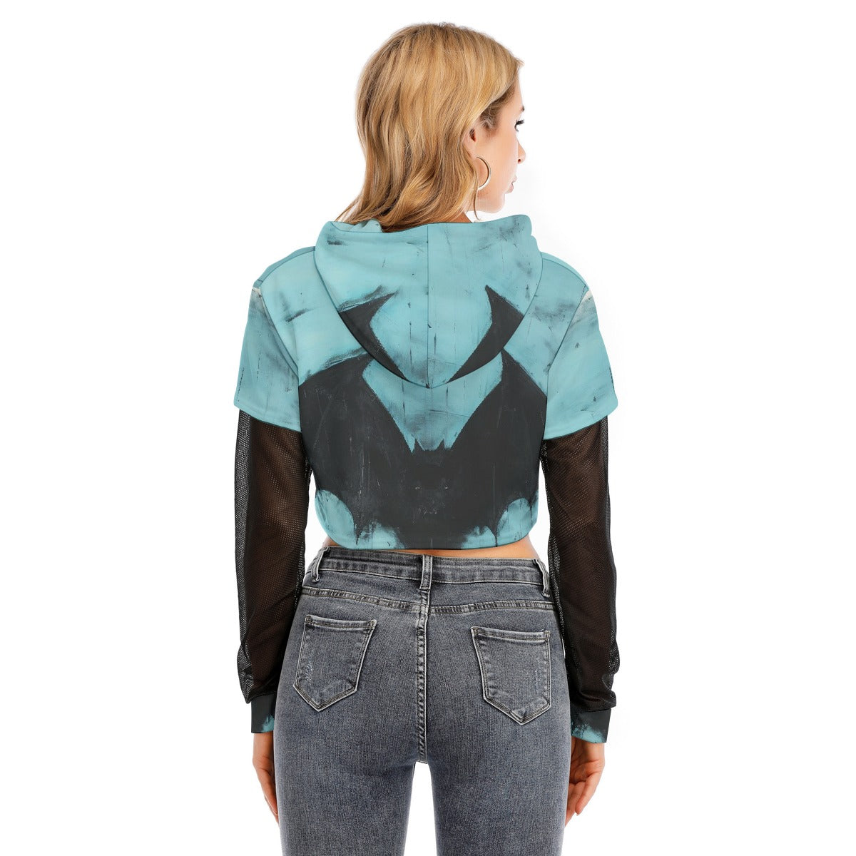 All-Over Print Women's Fake Two-piece Mesh Sleeve Cropped Hoodie