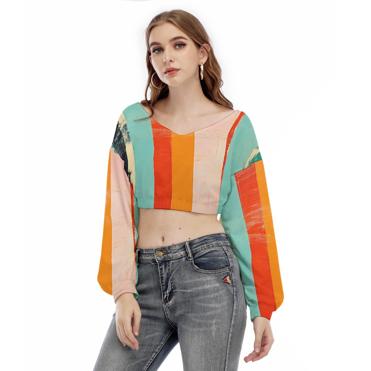 All-Over Print Women's V-neck Long Sleeve Cropped Sweatshirt