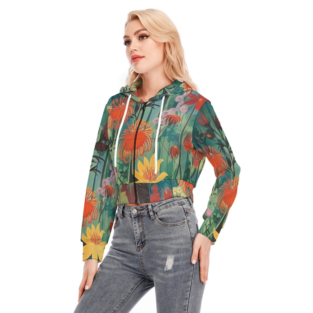 All-Over Print Women's Crop Top Hoodie With Zipper Closure